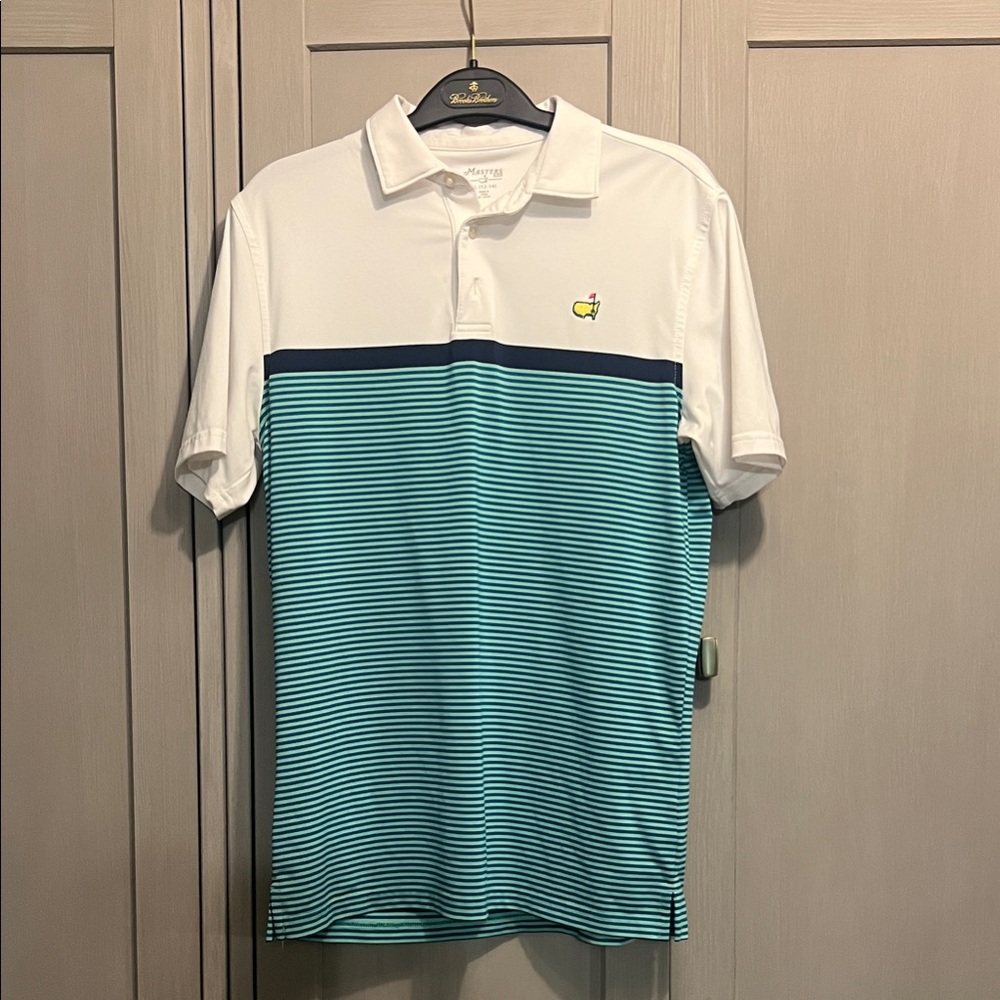 Masters White and Teal Striped Polo Shirt
